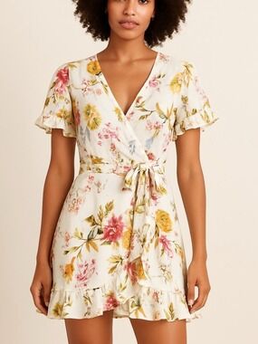 LOFT Floral Wrap Dress White Yellow & Pink Blooms ruffle detailing size 12